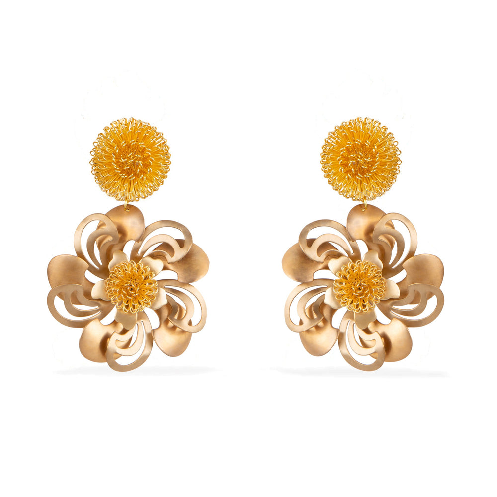 Gold Pompom Flower Earrings