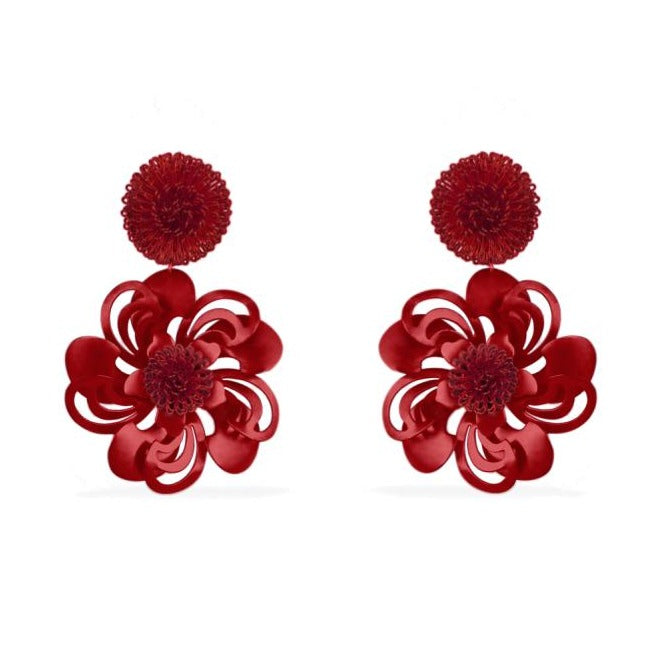 
            
                Load image into Gallery viewer, Deep Red Pompom Flower Earrings
            
        